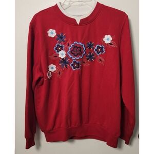 Vintage Red Blue Embroidered Floral Sweatshirt Large Coastal Grandmacore‎ Garden
